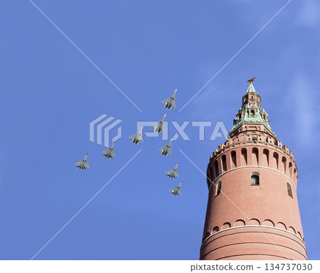 Moscow Kremlin, Russia -- Victory Day celebration (WWII), and Russian military aircraft, Russia 134737030