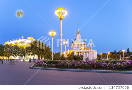 Landmarks in the territory of VDNKh (All-Russia Exhibition Centre, All-Russian Exhibition Center) with the super moon, Moscow, Russia, Translated from Russian: Union of Soviet Socialist Republics 134737066