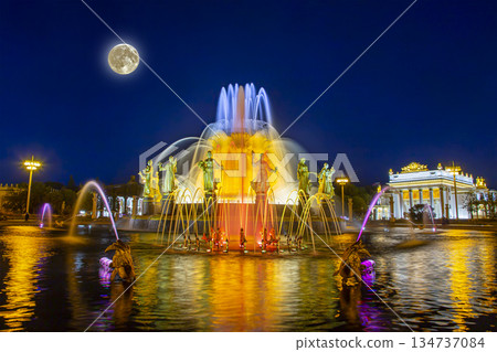 Fountain Friendship of Nations at night, with the super moon (1951-54, architects K. Topuridze and G. Konstantinovsky ) -- VDNKH (All-Russia Exhibition Centre), Moscow, Russia 134737084