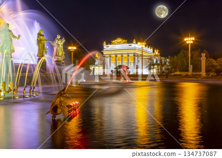 Fountain Friendship of Nations at night, with the super moon (1951-54, architects K. Topuridze and G. Konstantinovsky ) -- VDNKH (All-Russia Exhibition Centre), Moscow, Russia Fountain Friendship of Nations at night, with the super moon (1951-54, architects K. Topuridze and G. Konstantinovsky ) -- VDNKH (All-Russia Exhibition Centre), Moscow, Russia 134737087