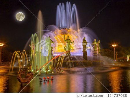 Fountain Friendship of Nations at night, with the super moon (1951-54, architects K. Topuridze and G. Konstantinovsky ) -- VDNKH (All-Russia Exhibition Centre), Moscow, Russia 134737088