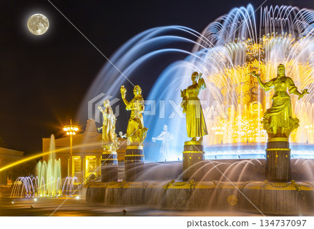 Fountain Friendship of Nations at night, with the super moon (1951-54, architects K. Topuridze and G. Konstantinovsky ) -- VDNKH (All-Russia Exhibition Centre), Moscow, Russia Fountain Friendship of Nations at night, with the super moon (1951-54, architects K. Topuridze and G. Konstantinovsky ) -- VDNKH (All-Russia Exhibition Centre), Moscow, Russia 134737097