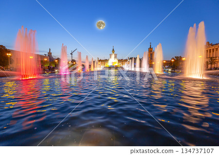 Fountain Stone Flower (with the super moon ) at VDNKh in Moscow. VDNKh (called also All-Russian Exhibition Center) is a permanent general-purpose trade show in Moscow, Russia 134737107