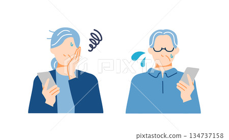 Illustration of a troubled senior couple with a smartphone. Flat design. Illustration of a troubled senior couple with a smartphone. Flat design. 134737158