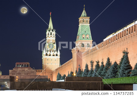Kremlin (at night with the super moon), Moscow, Russia--the most popular view of Moscow 134737285