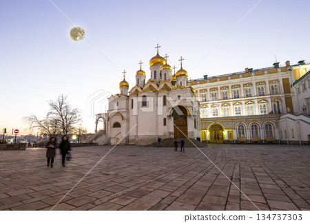 Cathedral of the Annunciation (Blagoveschensky sobor) at night with the super moon. Cathedral Square, Inside of Moscow Kremlin, Russia. UNESCO World Heritage Site Cathedral of the Annunciation (Blagoveschensky sobor) at night with the super moon. Cathedral Square, Inside of Moscow Kremlin, Russia. UNESCO World Heritage Site 134737303