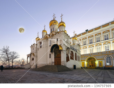Cathedral of the Annunciation (Blagoveschensky sobor) at night with the super moon. Cathedral Square, Inside of Moscow Kremlin, Russia. UNESCO World Heritage Site Cathedral of the Annunciation (Blagoveschensky sobor) at night with the super moon. Cathedral Square, Inside of Moscow Kremlin, Russia. UNESCO World Heritage Site 134737305