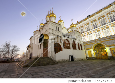 Cathedral of the Annunciation (Blagoveschensky sobor) at night with the super moon. Cathedral Square, Inside of Moscow Kremlin, Russia. UNESCO World Heritage Site Cathedral of the Annunciation (Blagoveschensky sobor) at night with the super moon. Cathedral Square, Inside of Moscow Kremlin, Russia. UNESCO World Heritage Site 134737307