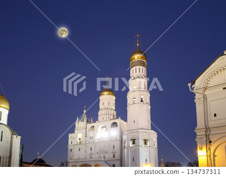 Ivan the Great Bell-Tower complex at night (with the super moon). Cathedral Square, Inside of Moscow Kremlin, Russia. UNESCO World Heritage Site 134737311