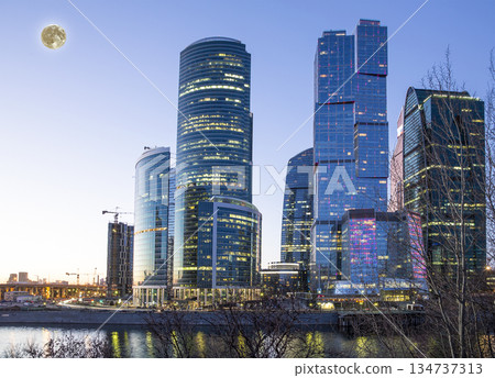 Skyscrapers International Business Center (City) at sunset with the super moon, Moscow, Russia 134737313