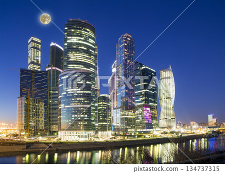 Skyscrapers International Business Center (City) at night with the super moon, Moscow, Russia 134737315