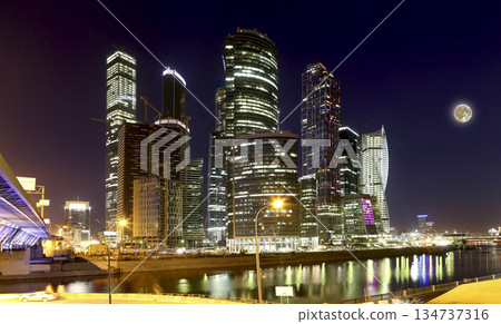 Skyscrapers International Business Center (City) at night with the super moon, Moscow, Russia 134737316