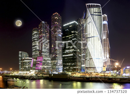 Skyscrapers International Business Center (City) at night with the super moon, Moscow, Russia Skyscrapers International Business Center (City) at night with the super moon, Moscow, Russia 134737320