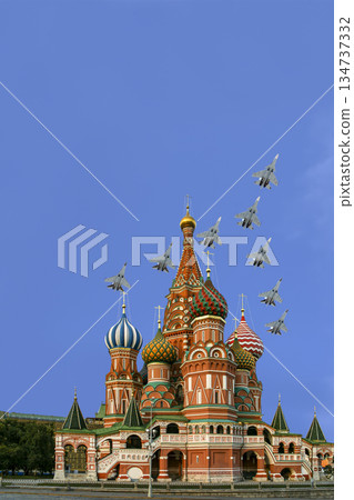 Temple of Basil the Blessed and Russian military aircraft in the sky, Air parade in honor of Victory Day celebration (WWII), Red Square, Moscow, Russia Temple of Basil the Blessed and Russian military aircraft in the sky, Air parade in honor of Victory Day celebration (WWII), Red Square, Moscow, Russia 134737332