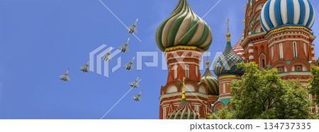 Temple of Basil the Blessed and Russian military aircraft in the sky, Air parade in honor of Victory Day celebration (WWII), Red Square, Moscow, Russia Temple of Basil the Blessed and Russian military aircraft in the sky, Air parade in honor of Victory Day celebration (WWII), Red Square, Moscow, Russia 134737335
