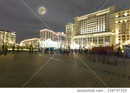 Christmas (New Year holidays) decoration in Moscow (at night) with the super moon, Russia-- Manege Square near the Kremlin 134737355
