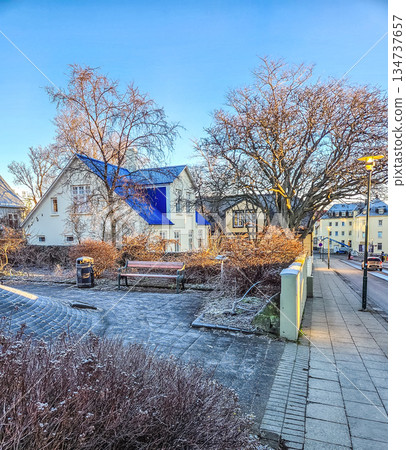 Small Urban Park with Bench on Cold Winter Morning Small Urban Park with Bench on Cold Winter Morning 134737657