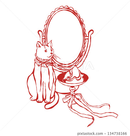 Line art illustration of an aristocratic cat, a vintage mirror, and a dessert with a bow. Luxurious vector clip art in the spirit of old eras, baroque style. Red outline Line art illustration of an aristocratic cat, a vintage mirror, and a dessert with a bow. Luxurious vector clip art in the spirit of old eras, baroque style. Red outline 134738166