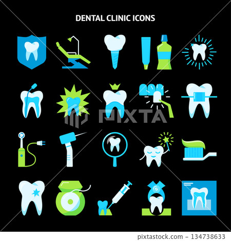 Stomatology and teeth care icon set in flat style 134738633