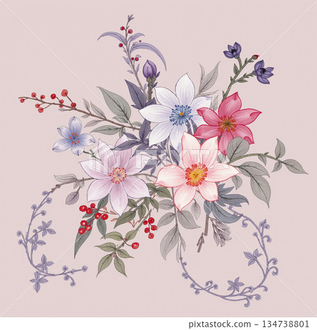 Charming Hand-Drawn Floral and Leaf Compositions Charming Hand-Drawn Floral and Leaf Compositions 134738801