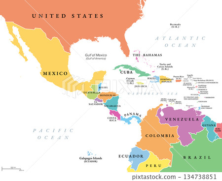 Middle America, multi colored political map. Subregion in the Northern Hemisphere tropics of the Americas. Mexico, countries of Central America, and island countries and territories of the Caribbean. Middle America, multi colored political map. Subregion in the Northern Hemisphere tropics of the Americas. Mexico, countries of Central America, and island countries and territories of the Caribbean. 134738851