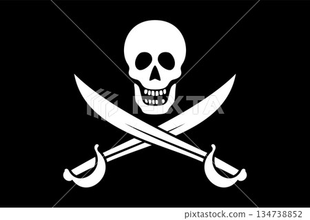 Crossed Swords Jolly Roger, a pirate flag with skull and crossed sabers on black field. Boarding cutlass, the principal weapon of a typical pirate and buccaneer. Black and white illustration. Vector Crossed Swords Jolly Roger, a pirate flag with skull and crossed sabers on black field. Boarding cutlass, the principal weapon of a typical pirate and buccaneer. Black and white illustration. Vector 134738852