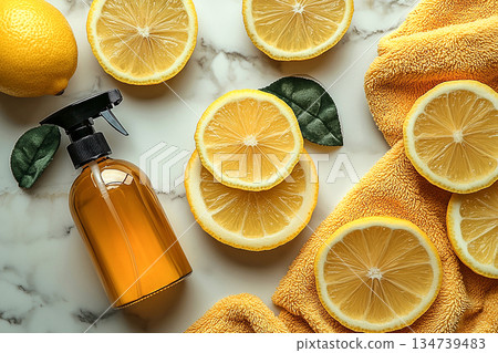 Luxury spa hotel blogs. Minimalist flat lay cleaning concept. Single spray bottle, microfiber cloth and lemon on a white marble background. Luxury spa hotel blogs. Minimalist flat lay cleaning concept. Single spray bottle, microfiber cloth and lemon on a white marble background. 134739483