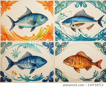 Various colors. Texture of ceramic tile with pattern of fish in natural tones. Design mockup for bathroom interior. Decoration background. Various colors. Texture of ceramic tile with pattern of fish in natural tones. Design mockup for bathroom interior. Decoration background. 134739713