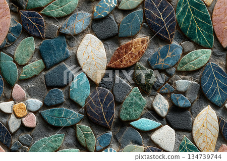 Luxury decor. Mosaic of glass pearl multi-colored tiles. Leaf patterns. Top view. Luxury decor. Mosaic of glass pearl multi-colored tiles. Leaf patterns. Top view. 134739744