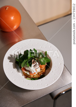 Bright Green Ricotta Plate, Sunlit Flatlay Of Wholesome Eggs And Tomatoes On Rustic Ceramic Plate Bright Green Ricotta Plate, Sunlit Flatlay Of Wholesome Eggs And Tomatoes On Rustic Ceramic Plate 134739812