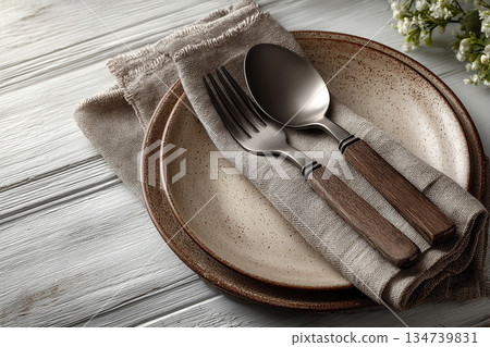 Restaurant promotions. Silverware set. Fork, knife and spoon. Showcasing classic design. Rustic themed. 134739831