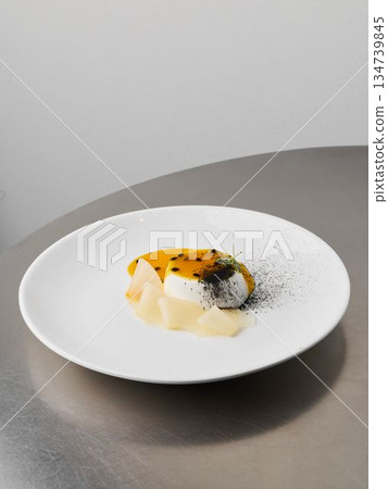Elegant presentation of custard with fruity toppings for branding Elegant presentation of custard with fruity toppings for branding 134739845