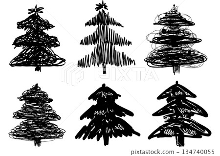 Grunge hand drawn Christmas tree set with expressive ink strokes Grunge hand drawn Christmas tree set with expressive ink strokes 134740055