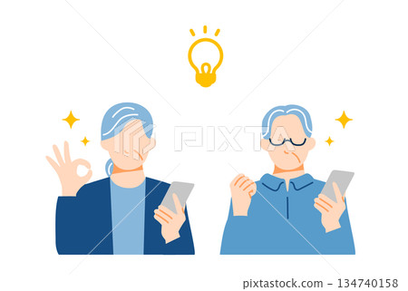 一對老年夫婦手持智慧型手機,若有所思的插圖。扁平化設計。 一對老年夫婦手持智慧型手機,若有所思的插圖。扁平化設計。 134740158