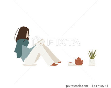 Abstract Woman reading book, tea cup and tea pot, house plant. Winter season concept flat vector illustration. 134740761