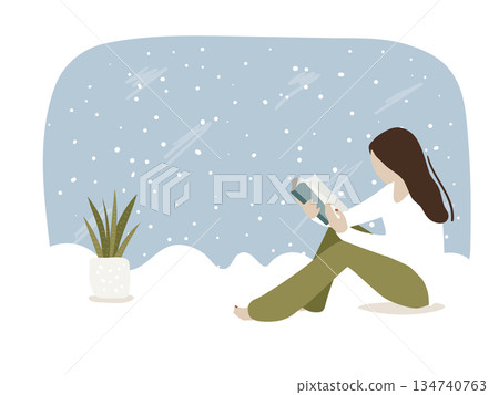 Abstract Woman reading book, winter background, snowfall. Winter season concept flat vector illustration Abstract Woman reading book, winter background, snowfall. Winter season concept flat vector illustration 134740763