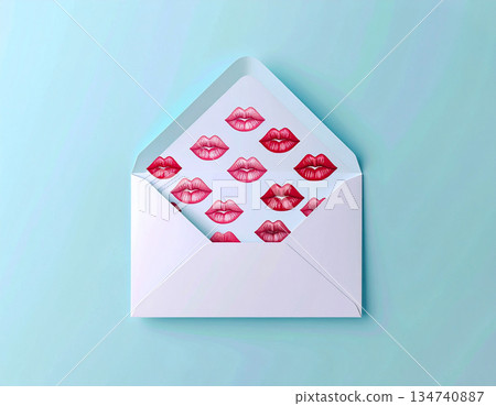 Romance. Post envelope with cute red kisses decoration. Valentine's Day concept. Romance. Post envelope with cute red kisses decoration. Valentine's Day concept. 134740887