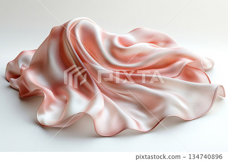 High-fashion product pages. Elegant silk scarf in natural tones with soft, flowing folds, highlighting its luxurious texture against a white background. Fashion and accessories marketing. 134740896