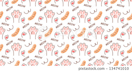 Seamless pattern with cat pink paws, sausages, and hearts. Cute design for pet lovers. 134741010