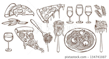 Italian pasta with pizza slices and wine glasses. Italian pasta with pizza slices and wine glasses. 134741087