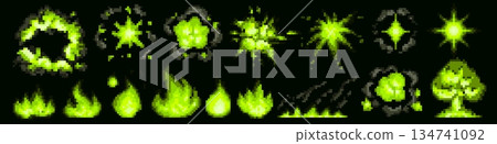 Pixel art explosion in glowing green toxic flames Pixel art explosion in glowing green toxic flames 134741092