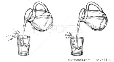 Water poured from a pitcher into a glass creating a splash 134741120