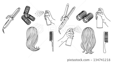 Stylized line art illustration of hairstyling tools, showcasing a curling iron, spray, and hair 134741218