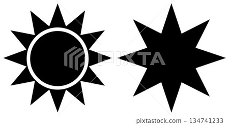 sun with rays beside solid geometric star, elements for minimalistic design 134741233