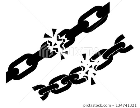 Two chains are broken in half with shattered pieces, black illustration 134741321