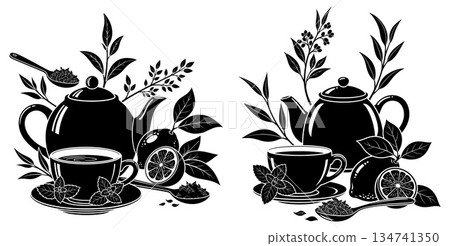 Two decorative black silhouette designs featuring tea settings with lemons and mint leaves 134741350