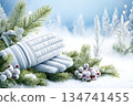 Winter gloves rest on snow-covered branches with holiday decorations in background 134741455