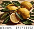Fresh lemons with green leaves arranged on a surface ready for use in cooking or drinks 134741458