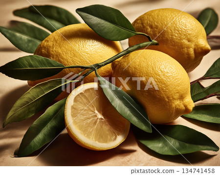 Fresh lemons with green leaves arranged on a surface ready for use in cooking or drinks Fresh lemons with green leaves arranged on a surface ready for use in cooking or drinks 134741458