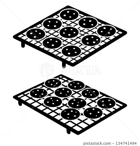 Two isometric black cooling racks with a fresh batch of cookies on each 134741494
